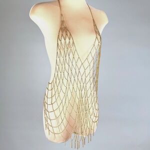 Gold Tone Net Chainmail Body Harness Necklace Statement Jewelry